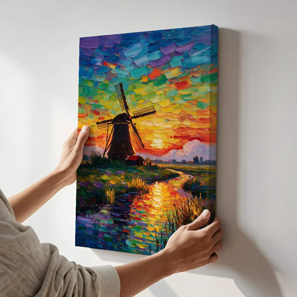 Sfeerimpressie: Molen in licht tegenlicht in de mist terwijl het zittend wordt getoond