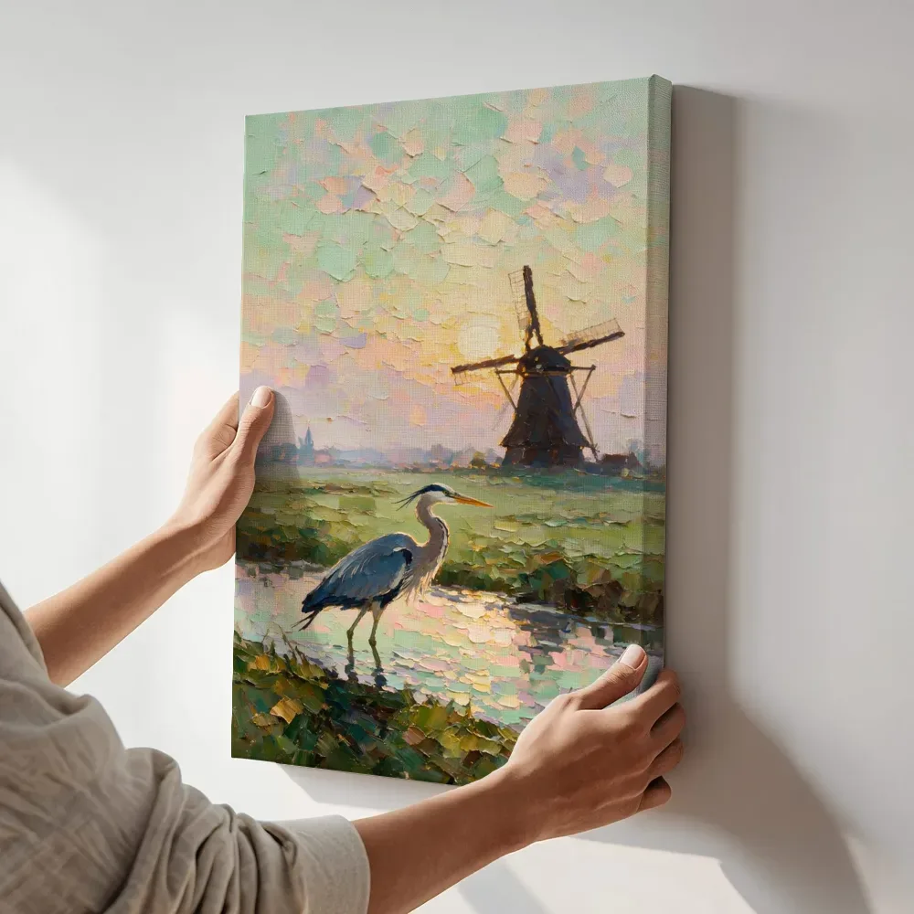 Sfeerimpressie: Molen in tegenlicht in de mist terwijl het aan de muur wordt gehangen