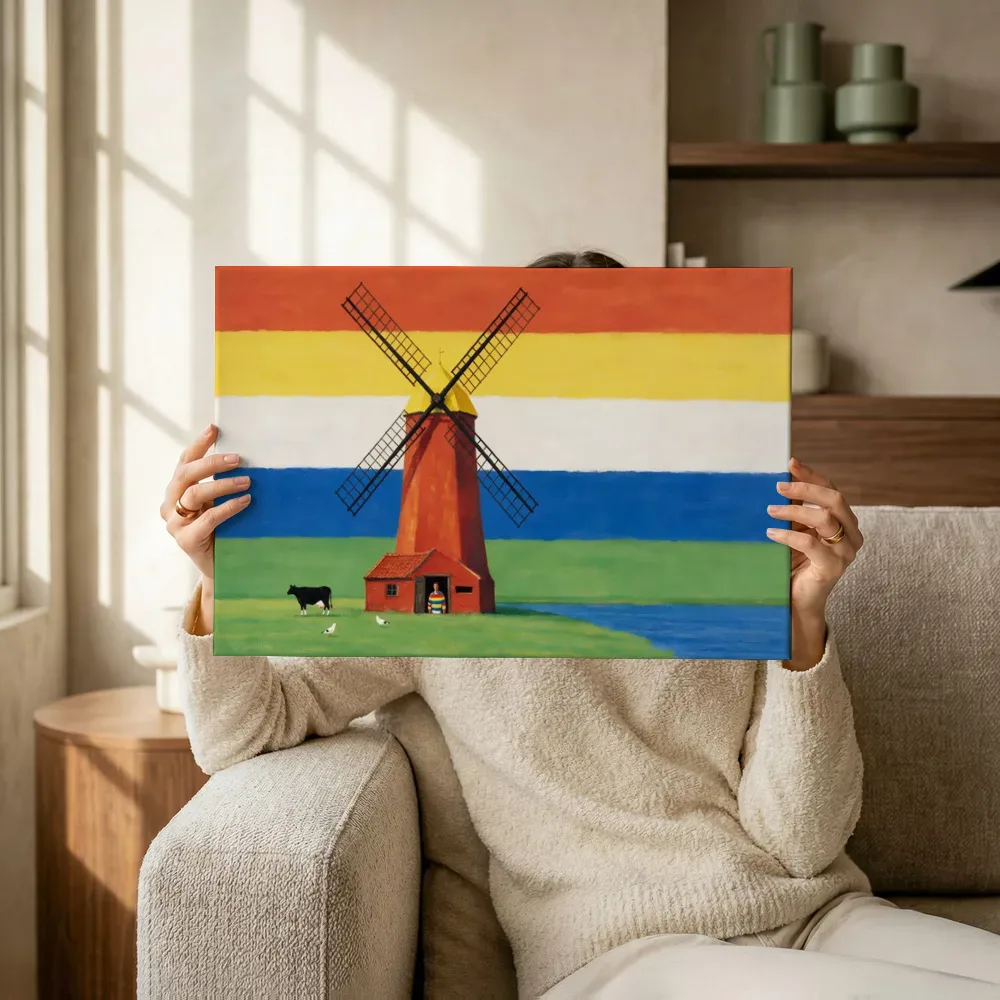 Sfeerimpressie: Molen in vier heldere kleuren naast elkaar terwijl het omhoog wordt gehouden