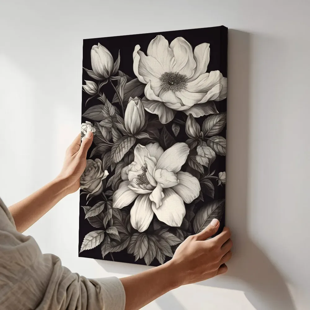 Sfeerimpressie: Monochroom bloemenboeket terwijl het aan de muur wordt gehangen