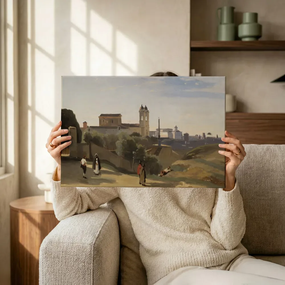 Sfeerimpressie: Monte Pincio, Rome van Jean-Baptiste-Camille Corot terwijl het omhoog wordt gehouden