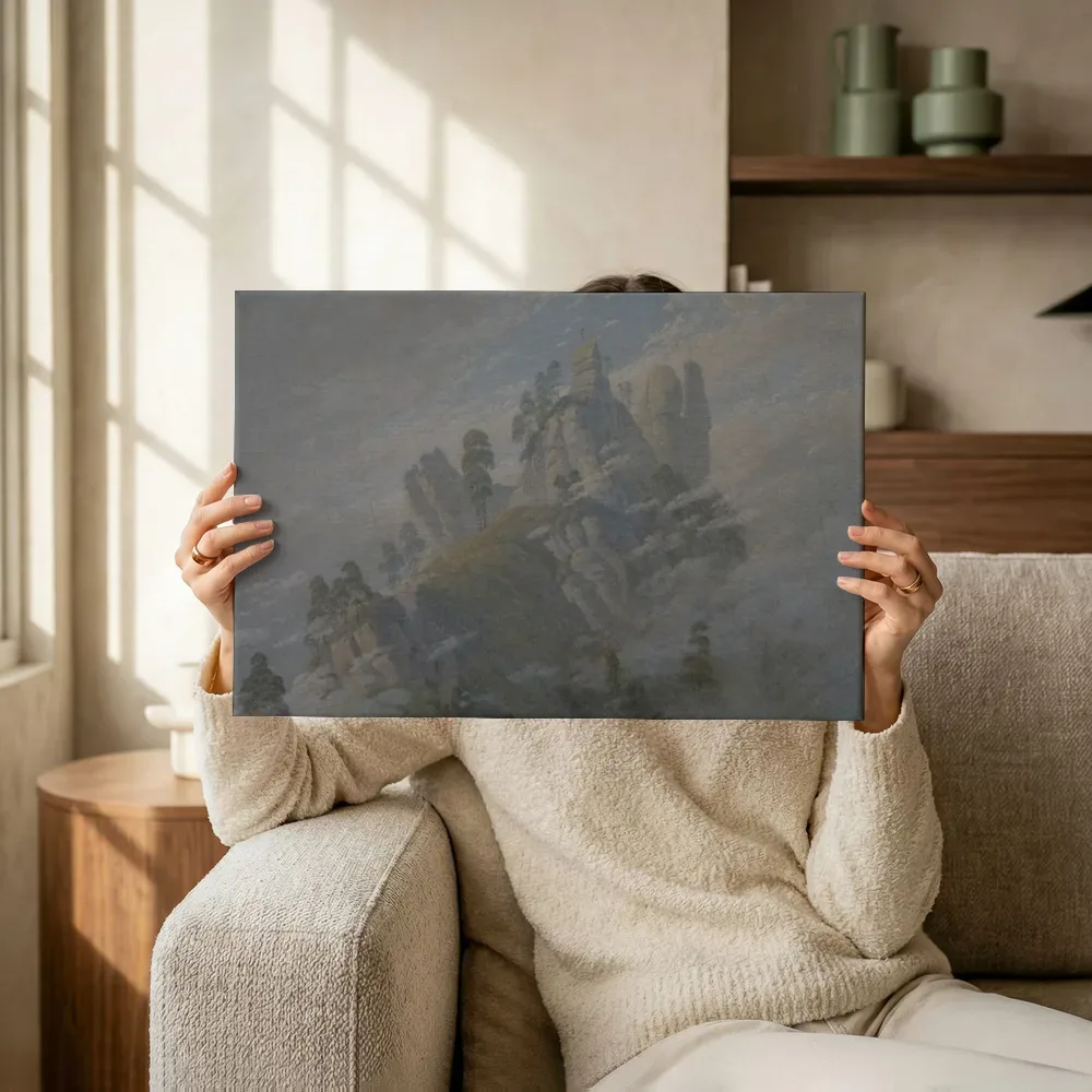 Sfeerimpressie: Ochtendnevel in de bergen van Caspar David Friedrich terwijl het omhoog wordt gehouden