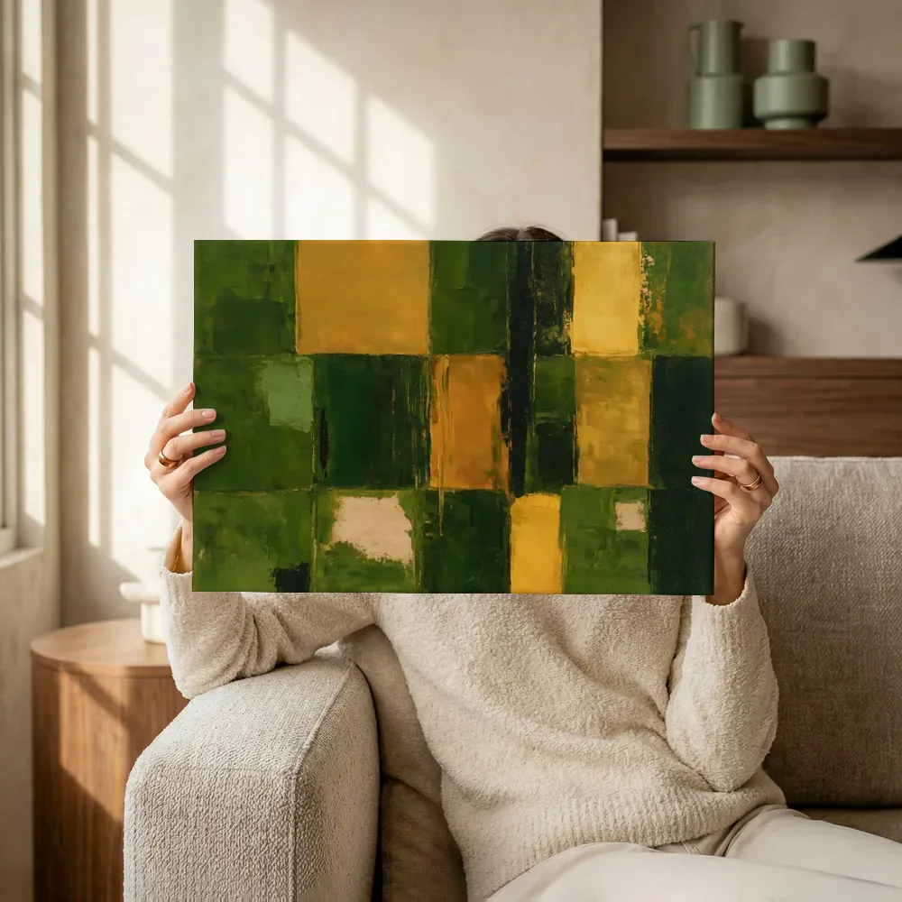 Sfeerimpressie: Mosgroen en amber in een los raster terwijl het omhoog wordt gehouden