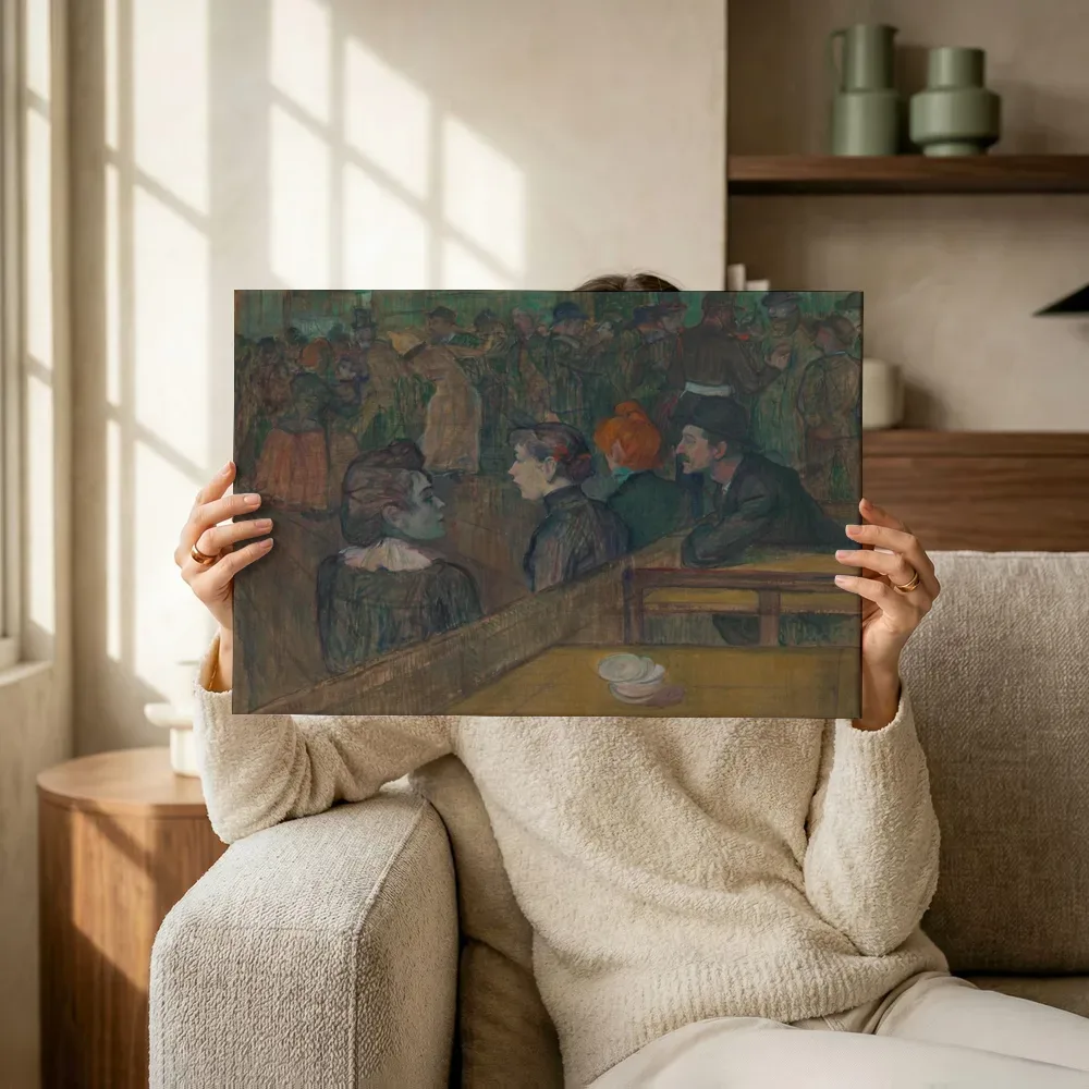 Sfeerimpressie: Moulin de la Galette van Henri de Toulouse-Lautrec terwijl het omhoog wordt gehouden