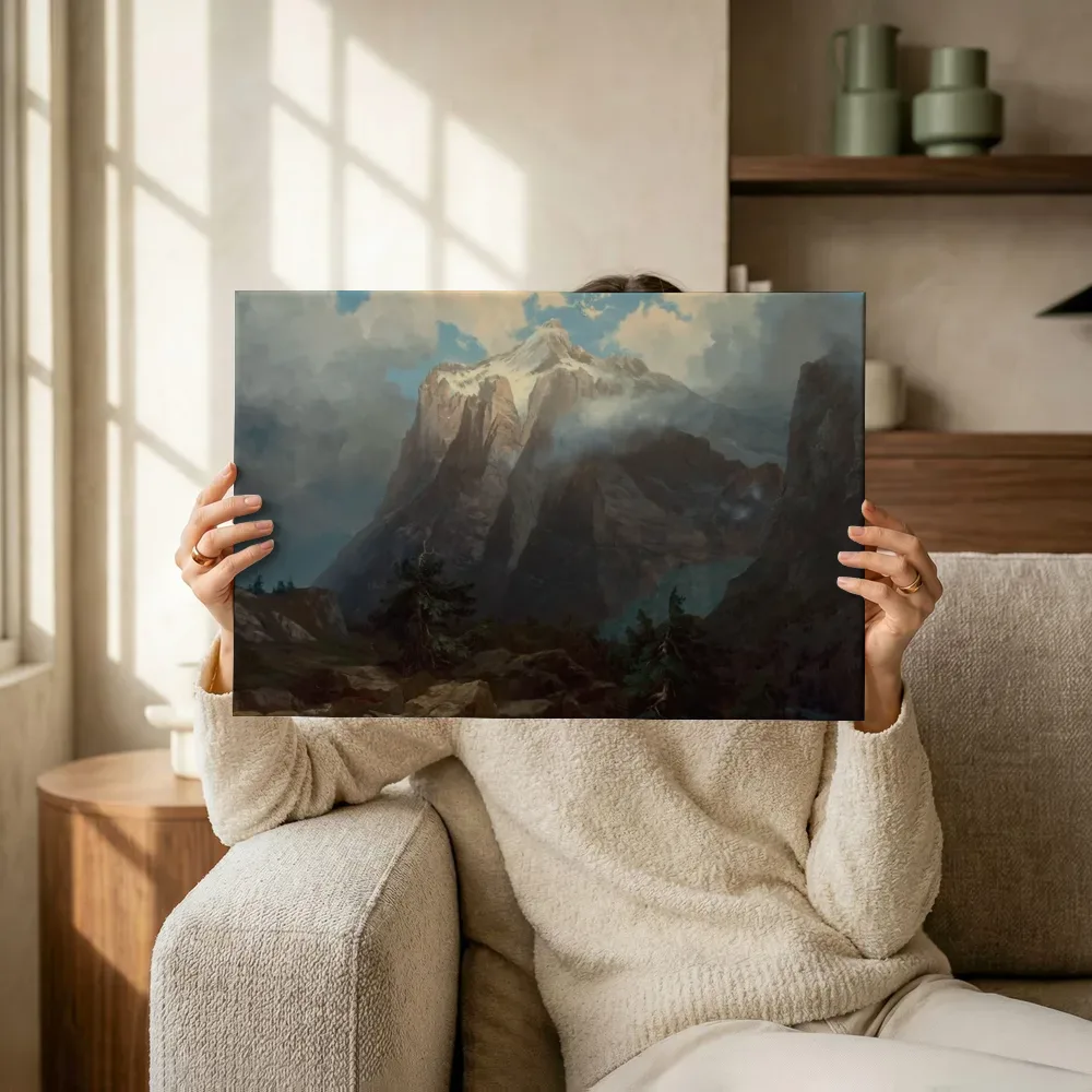 Sfeerimpressie: Mount Brewer gezien vanuit King's River Canyon van Albert Bierstadt terwijl het omhoog wordt gehouden
