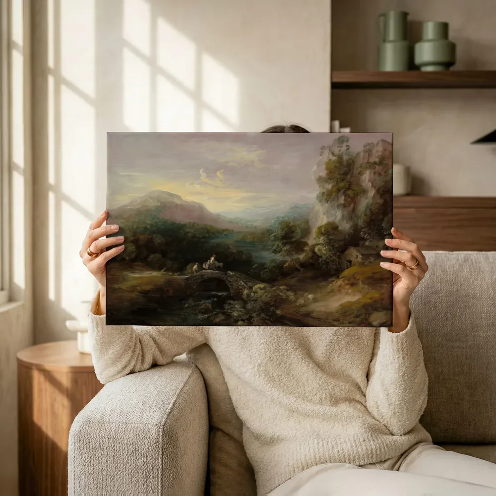 Sfeerimpressie: Berglandschap met brug van Thomas Gainsborough terwijl het omhoog wordt gehouden