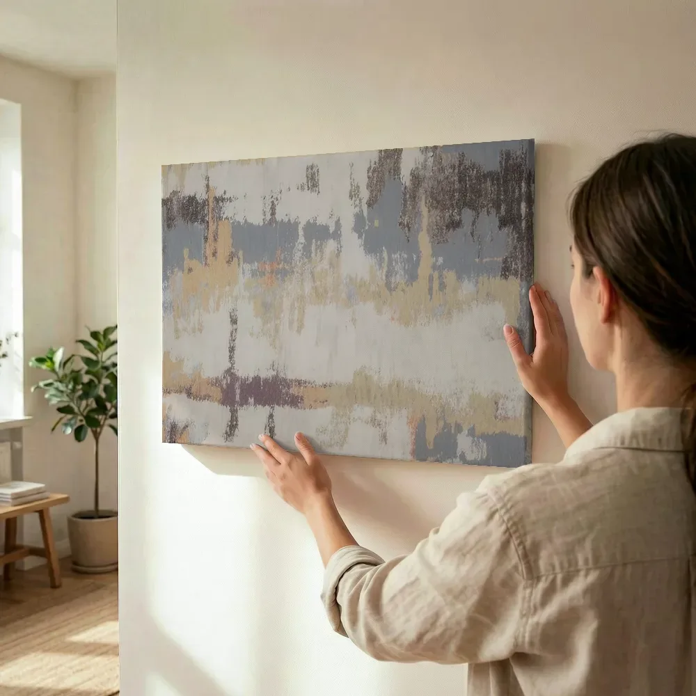 Sfeerimpressie: Multicolor rasterpatroon in taupe en goud terwijl het wordt opgehangen