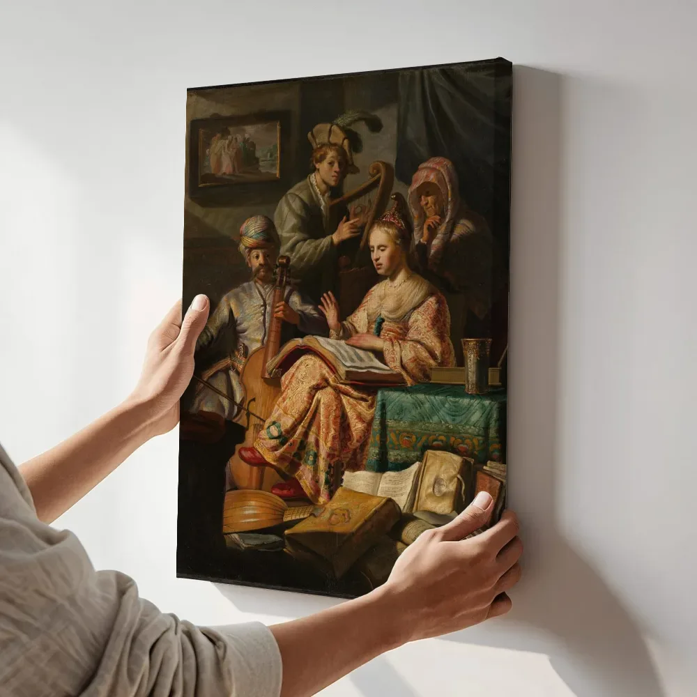 Sfeerimpressie: Musical Company van Rembrandt van Rijn terwijl het aan de muur wordt gehangen