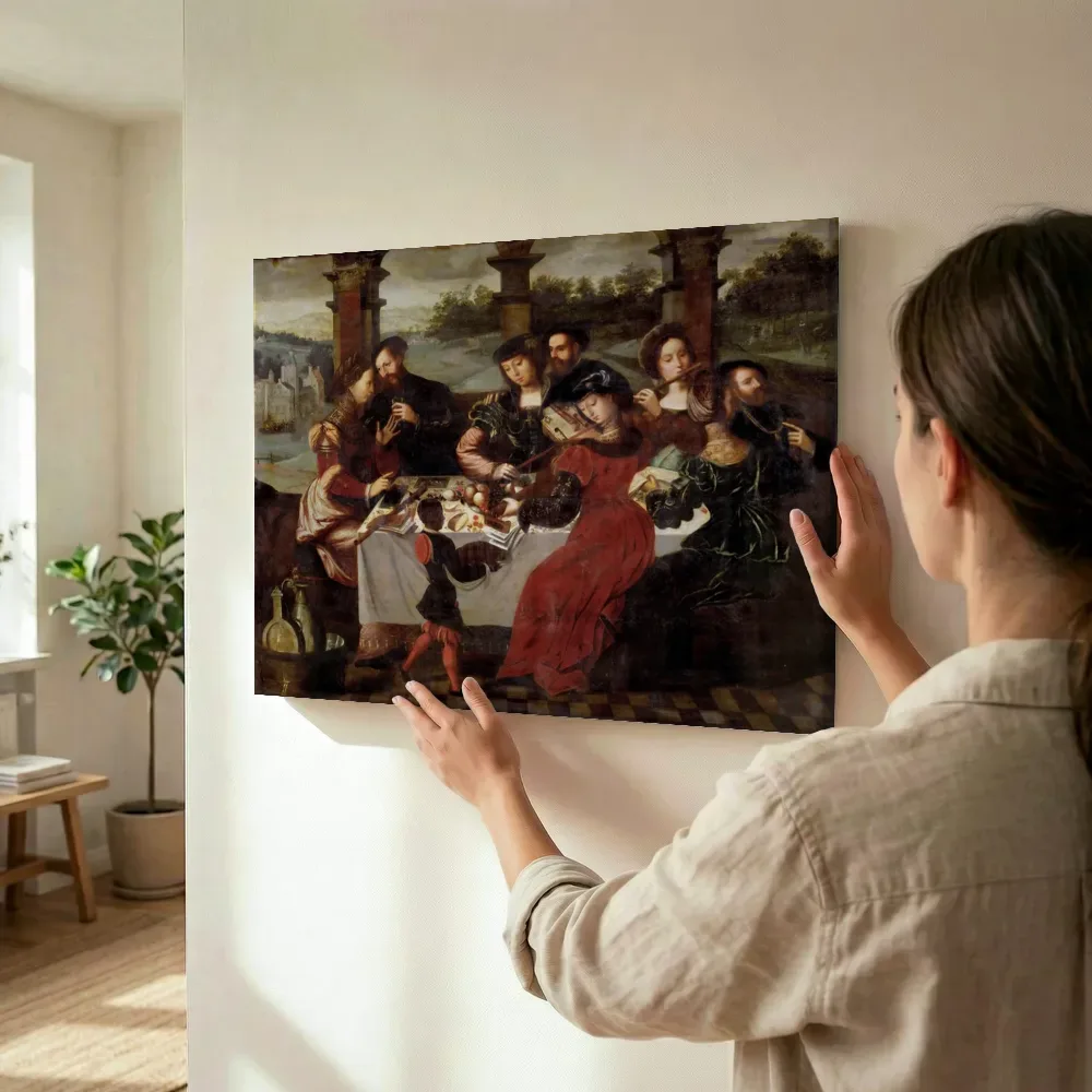 Sfeerimpressie: Musicerend gezelschap rond een tafel in een tuin, Atelier van Ambrosius Benson terwijl het wordt opgehangen