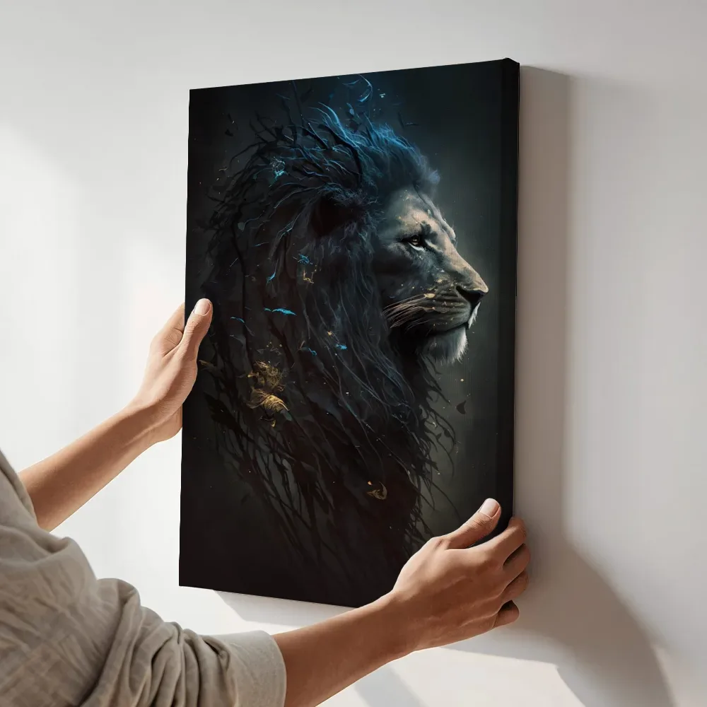 Sfeerimpressie: Mystieke blauwe leeuw terwijl het aan de muur wordt gehangen