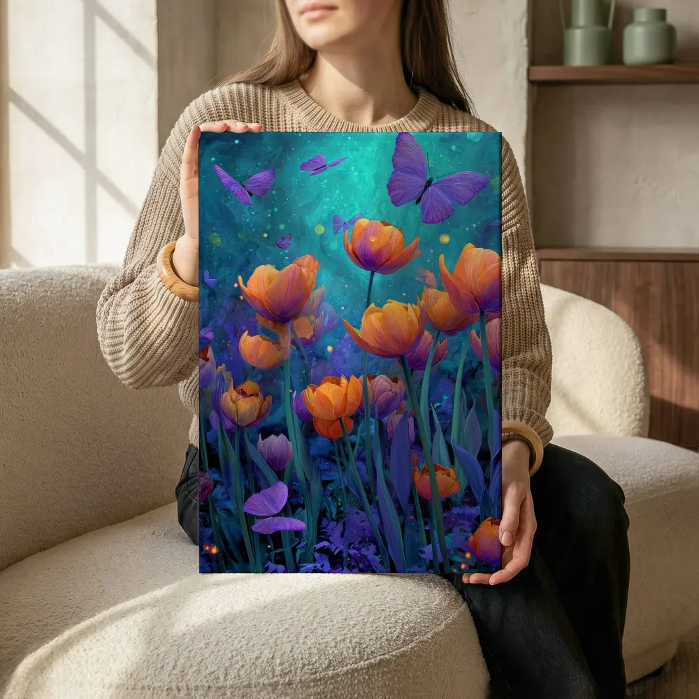 Sfeerimpressie: Nachtelijke oranje tulpen met vlinders terwijl het zittend wordt getoond