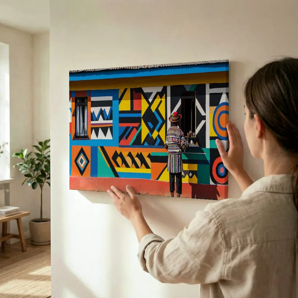 Sfeerimpressie: Ndebele huis met kleurrijke patronen terwijl het wordt opgehangen