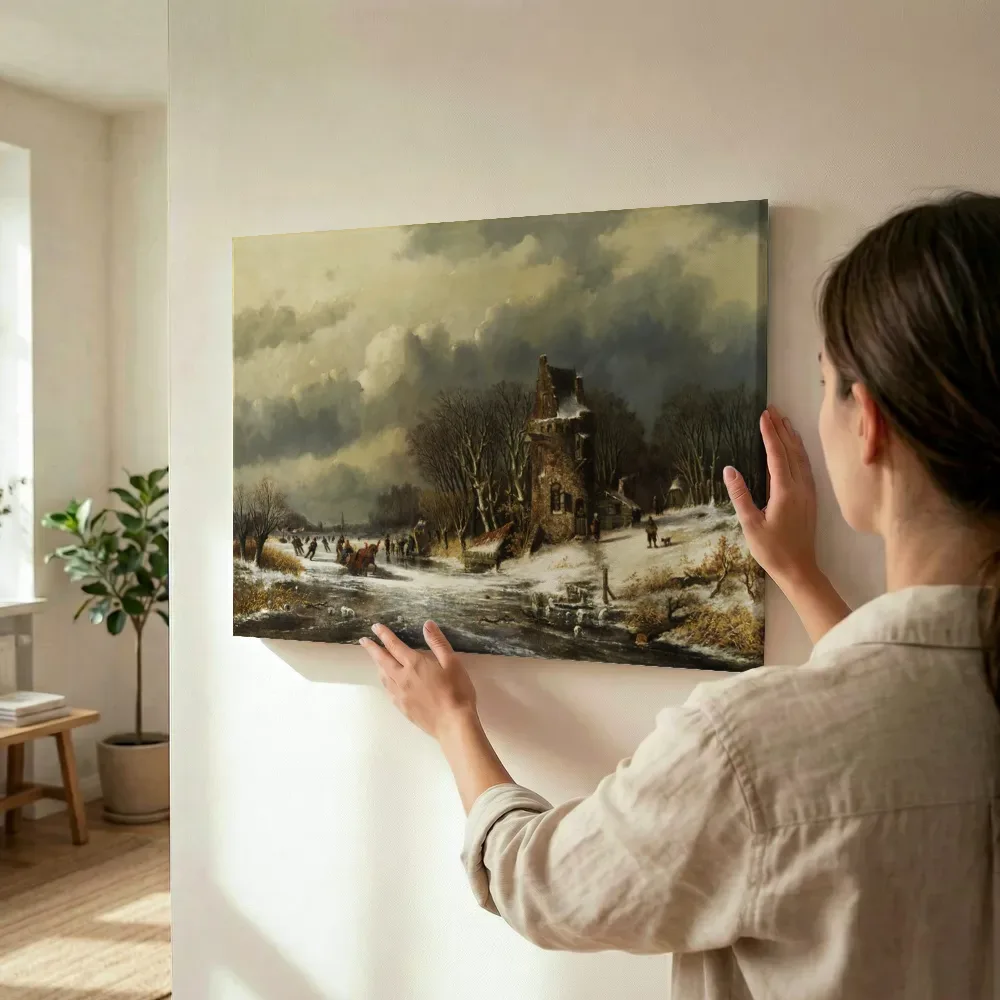 Sfeerimpressie: Nederlandse landschap met figuren van Andreas Schelfhout terwijl het wordt opgehangen