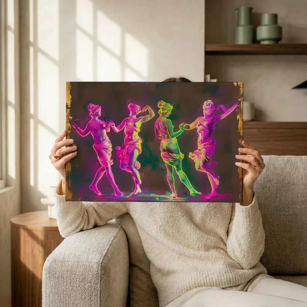 Sfeerimpressie: Neon klassieke standbeelden in dans terwijl het omhoog wordt gehouden