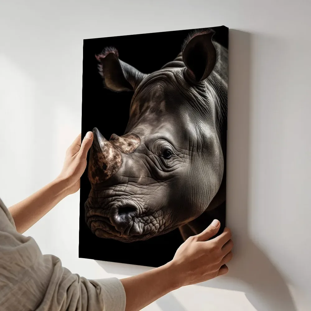 Sfeerimpressie: Neushoorn close-up portret terwijl het aan de muur wordt gehangen