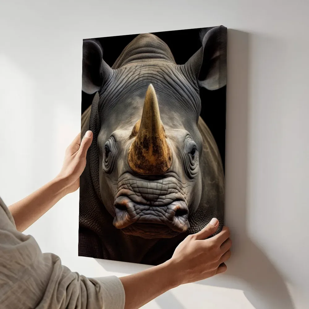 Sfeerimpressie: Neushoorn frontaal portret terwijl het aan de muur wordt gehangen
