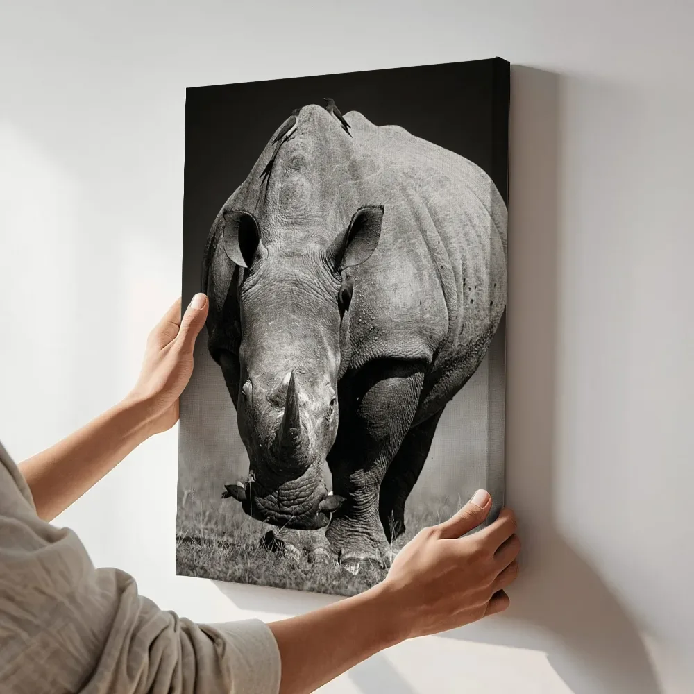 Sfeerimpressie: Neushoorn in het gras in zwart-wit terwijl het zittend wordt getoond