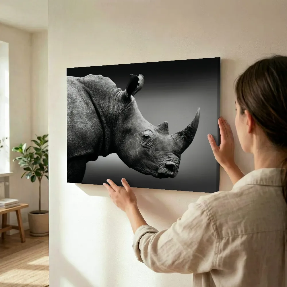 Sfeerimpressie: Neushoorn profiel in zwart-wit terwijl het wordt opgehangen
