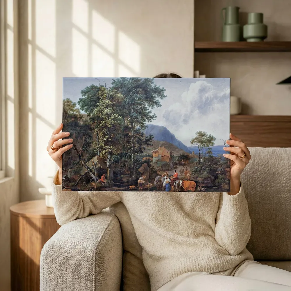 Sfeerimpressie: Landschap met hoge bomen van Nicolaes Pieterszoon Berchem terwijl het omhoog wordt gehouden