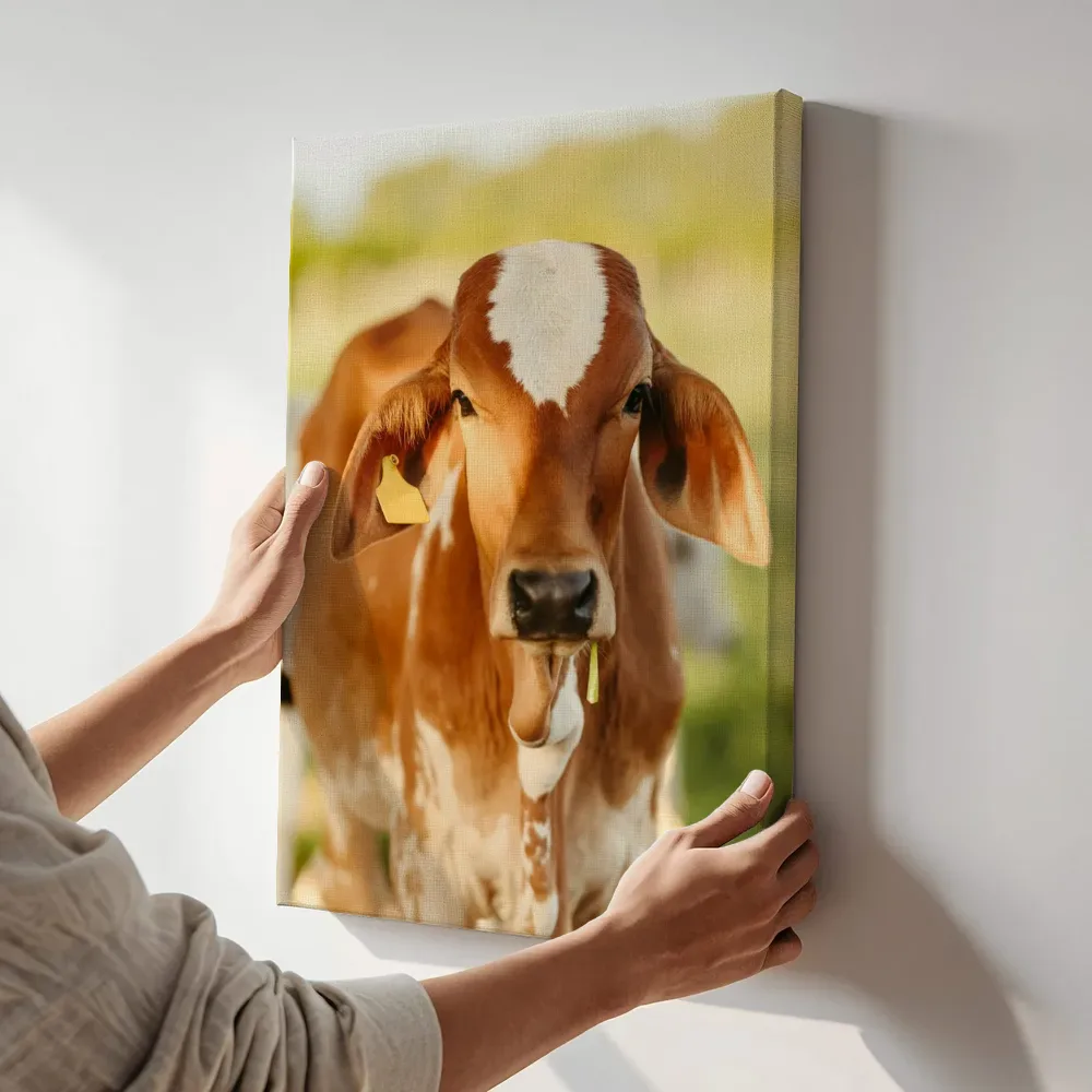 Sfeerimpressie: Nieuwsgierig roodbont kalf terwijl het aan de muur wordt gehangen