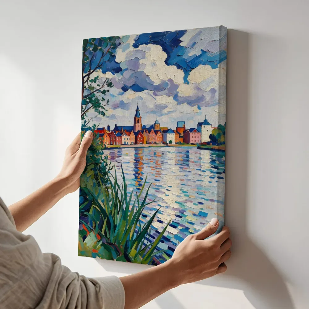 Sfeerimpressie: Nijmegen, straat in kleurrijk modern terwijl het aan de muur wordt gehangen