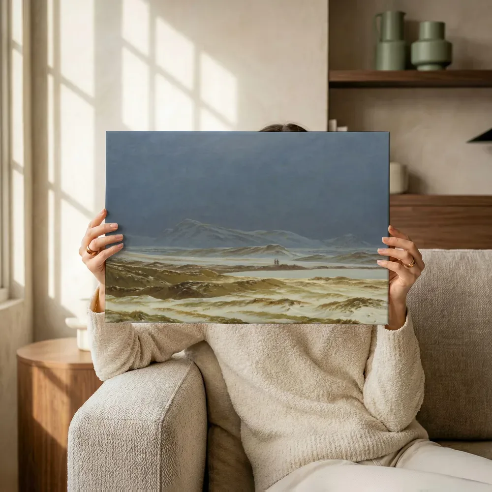 Sfeerimpressie: Noordelijk landschap in de lente van Caspar David Friedrich terwijl het omhoog wordt gehouden