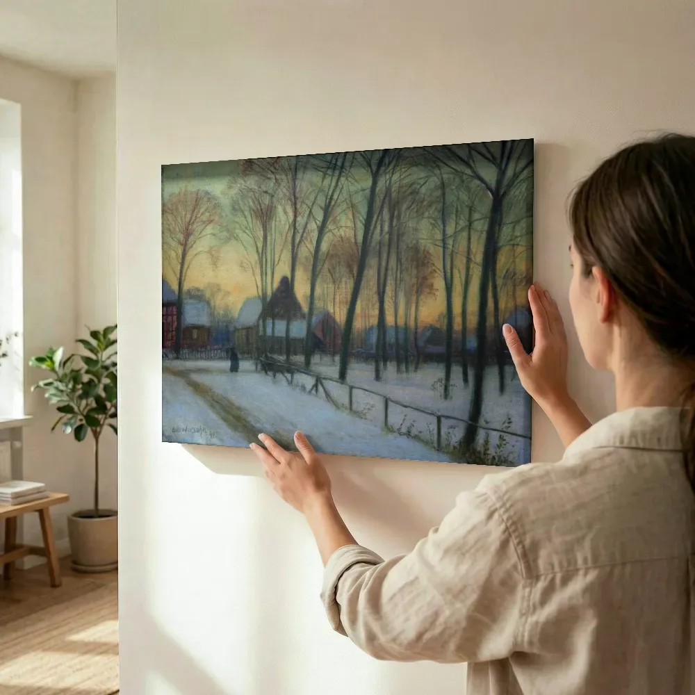Sfeerimpressie: Winter in Fischerhude van Otto Modersohn terwijl het wordt opgehangen