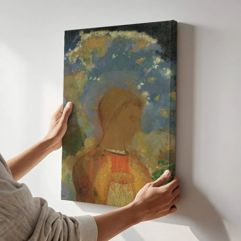 Sfeerimpressie: Boeddha in zijn jonge jaren van Odilon Redon terwijl het aan de muur wordt gehangen