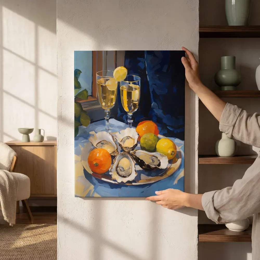 Sfeerimpressie: Oesters en citrus met champagne naast de kast