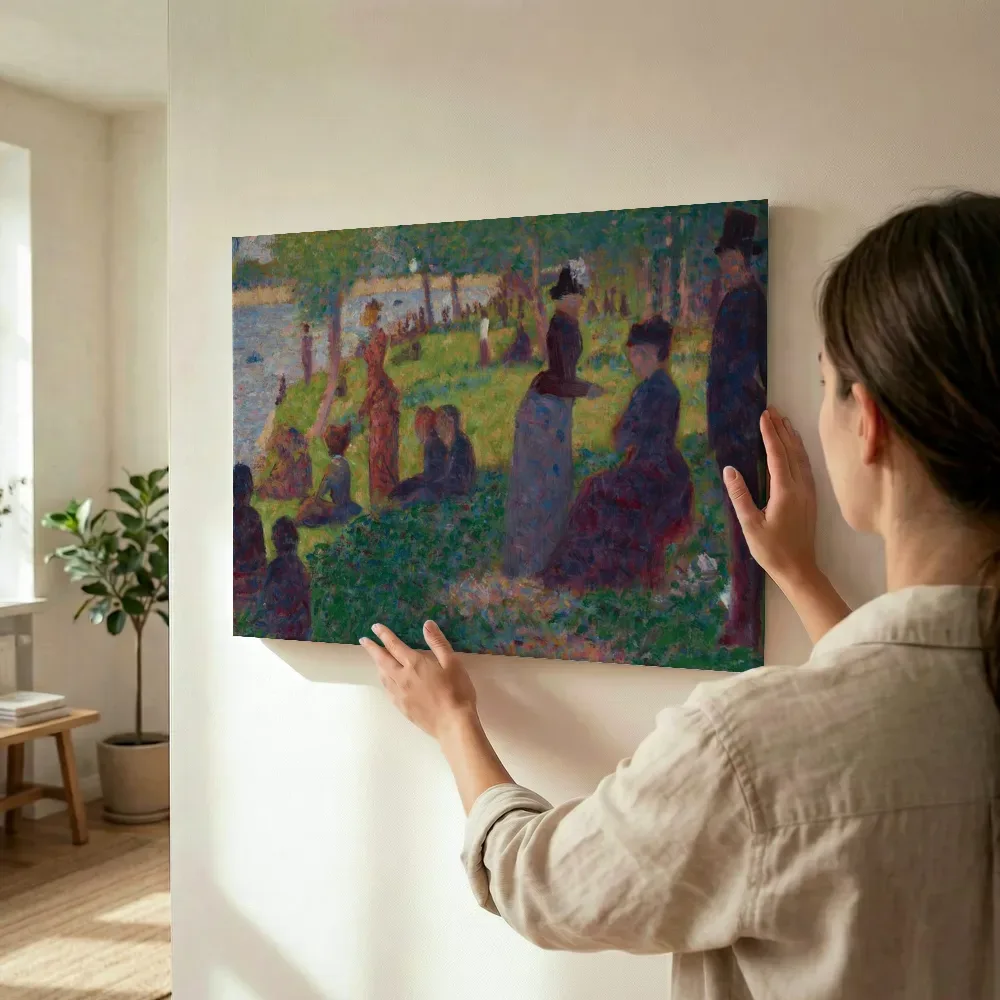 Sfeerimpressie: Olieverfschets voor Een zondagmiddag op het eiland La Grande Jatte van Georges Seurat terwijl het wordt opgehangen