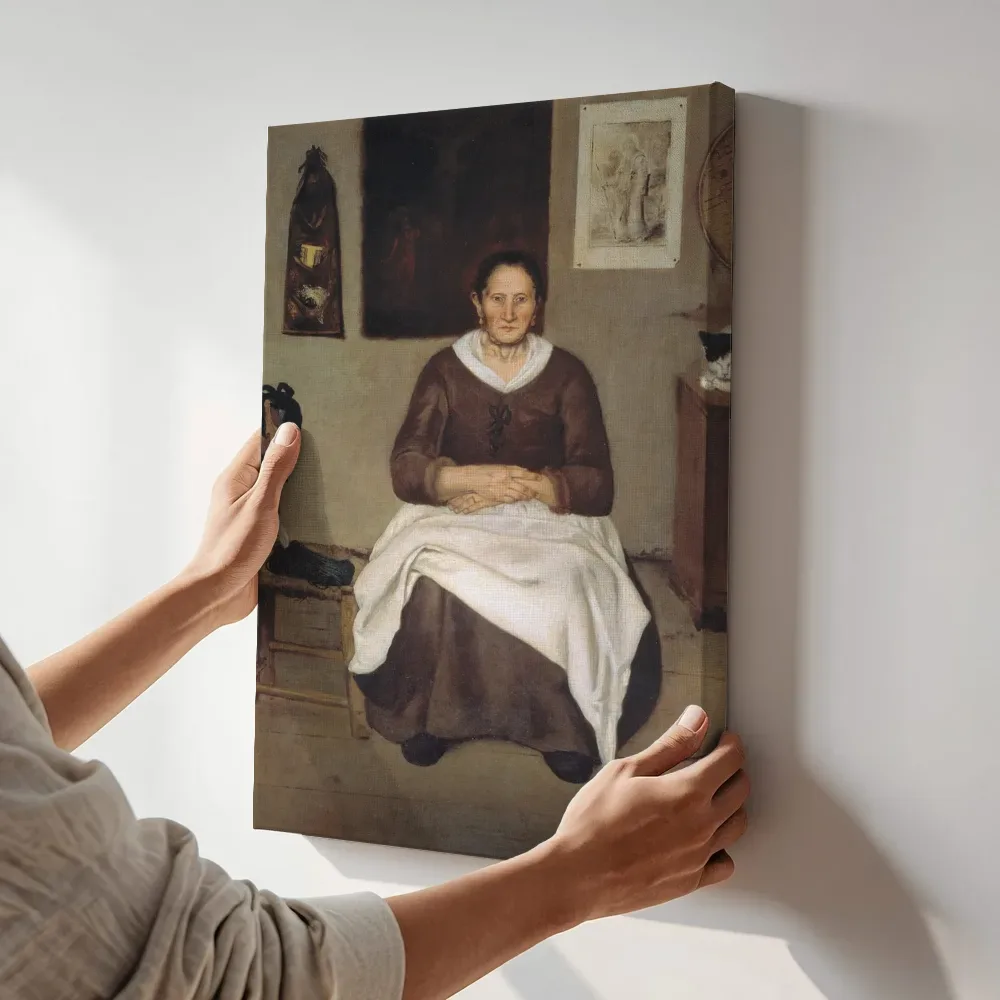 Sfeerimpressie: Zittende oude vrouw van Zanchi, Antonio terwijl het aan de muur wordt gehangen