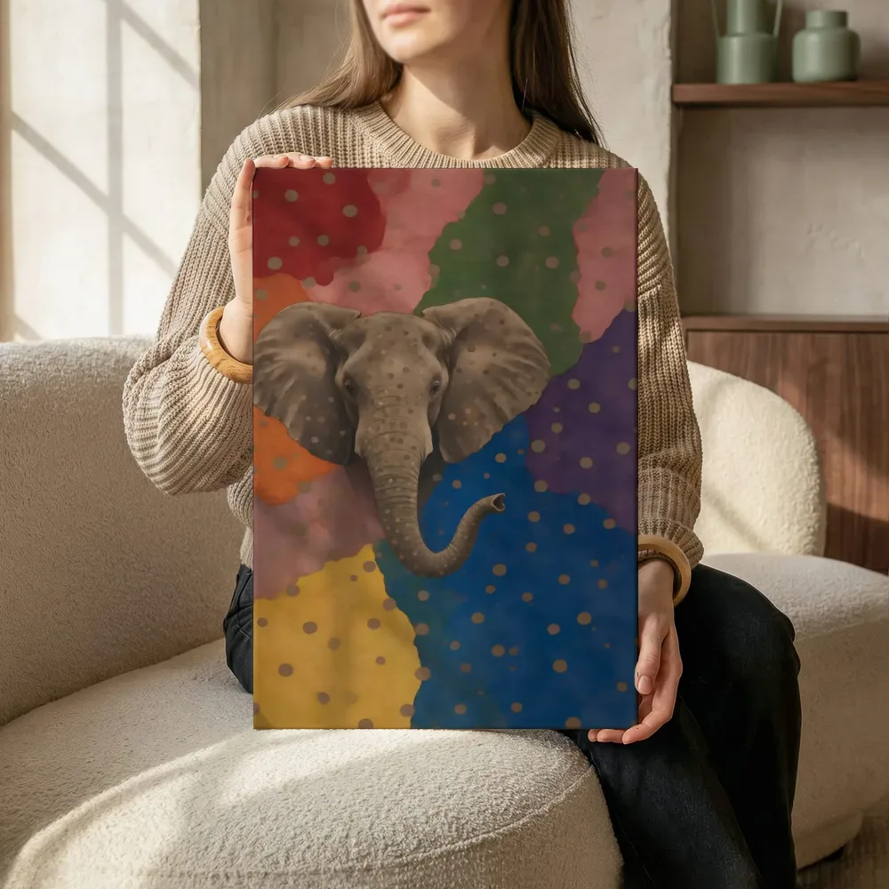 Sfeerimpressie: Olifant in alle kleuren van de regenboog terwijl het zittend wordt getoond