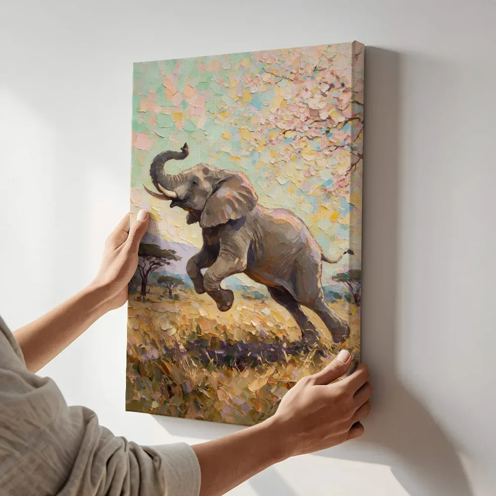 Sfeerimpressie: Olifant in beweging bij bloesem terwijl het aan de muur wordt gehangen