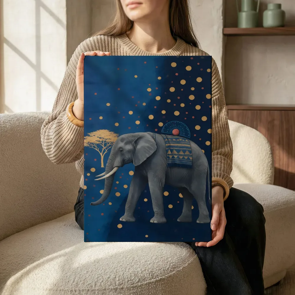 Sfeerimpressie: Olifant in delftsblauw en mosterd terwijl het zittend wordt getoond