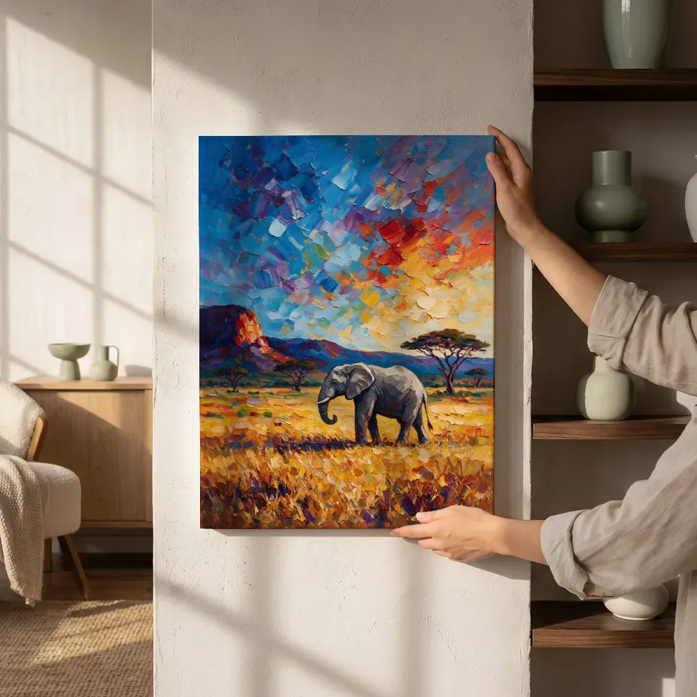 Sfeerimpressie: Olifant donker in het landschap tegen een muur in de schaduw terwijl het aan de muur wordt gehangen