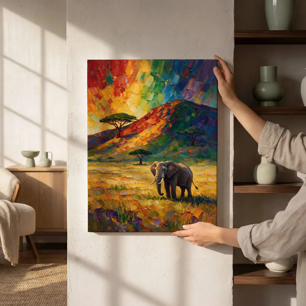Sfeerimpressie: Olifant in het landschap tegen een muur in de schaduw naast de kast