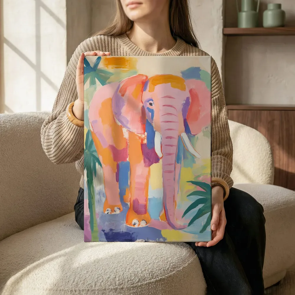 Sfeerimpressie: Olifant in de kleurrijke jungle terwijl het zittend wordt getoond