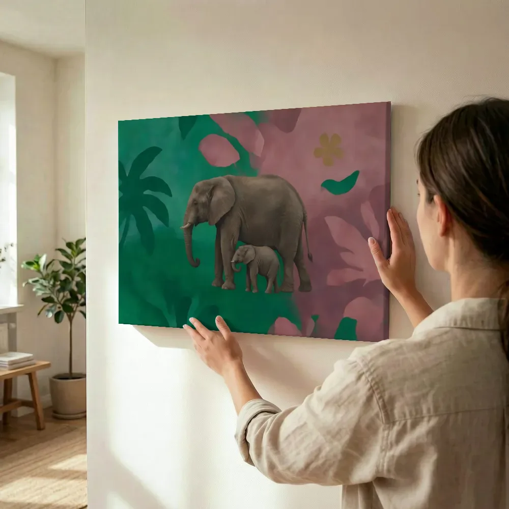 Sfeerimpressie: Olifant in smaragd en oud roze terwijl het wordt opgehangen