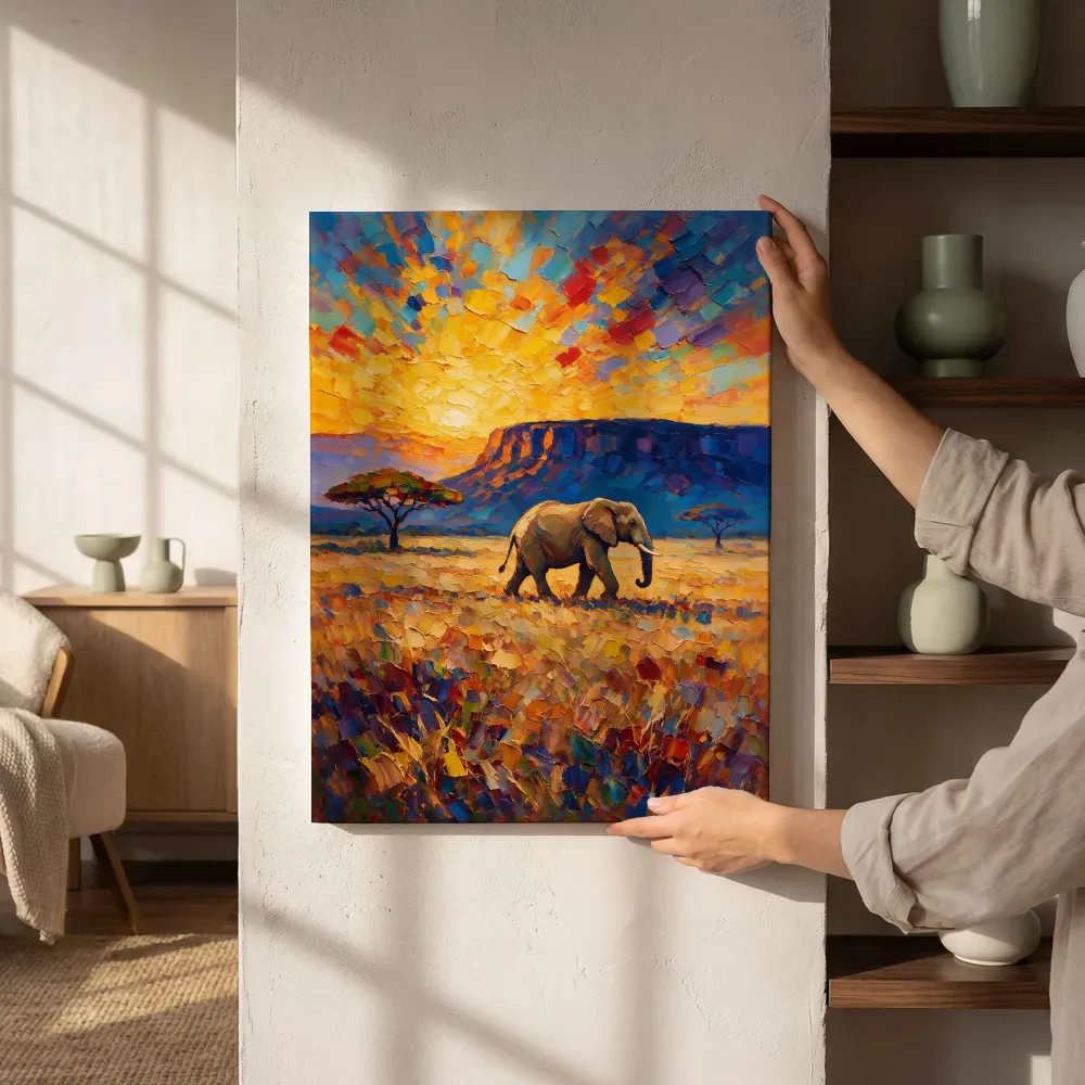 Sfeerimpressie: Olifant warm in het landschap tegen een muur in de schaduw terwijl het aan de muur wordt gehangen