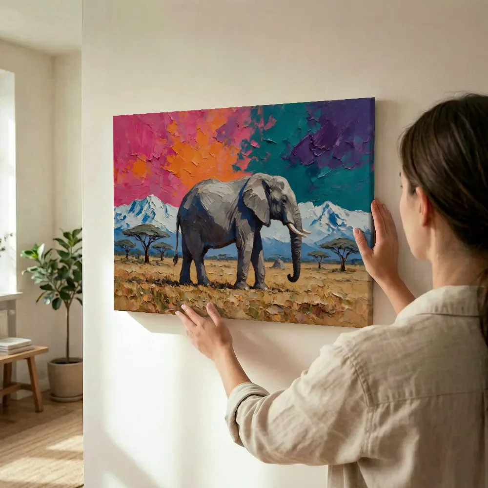 Sfeerimpressie: Olifant op de savanne in warme kleuren terwijl het omhoog wordt gehouden