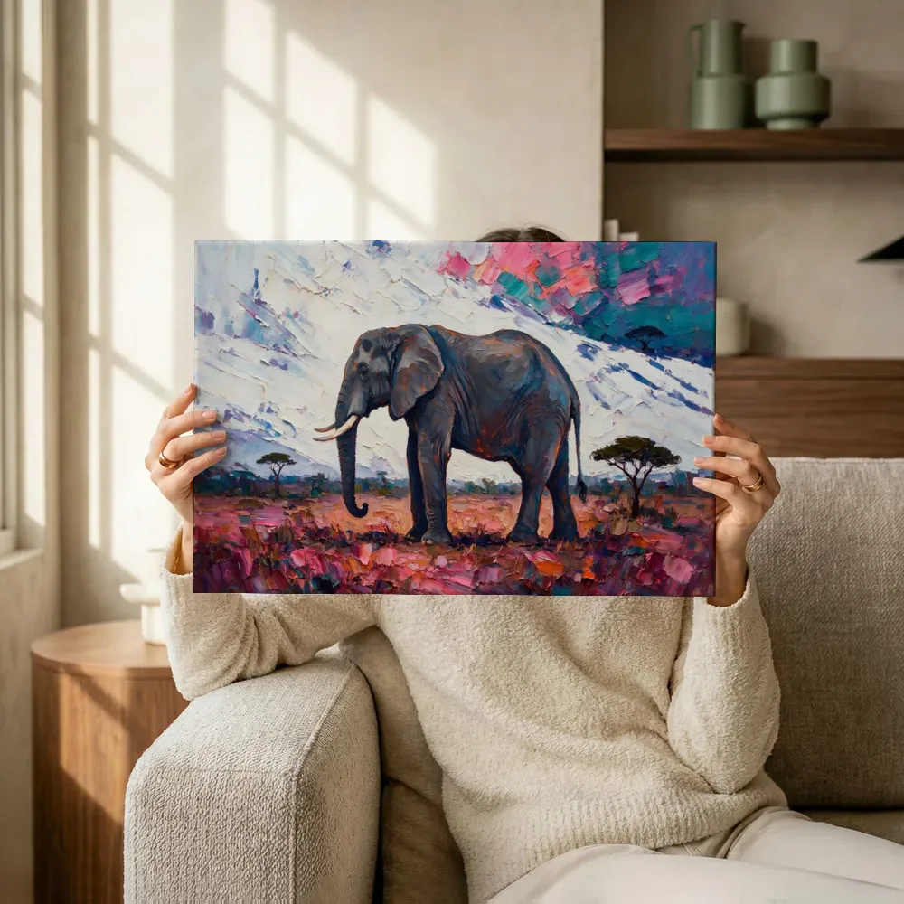 Sfeerimpressie: Olifant op magenta savannegrond terwijl het omhoog wordt gehouden