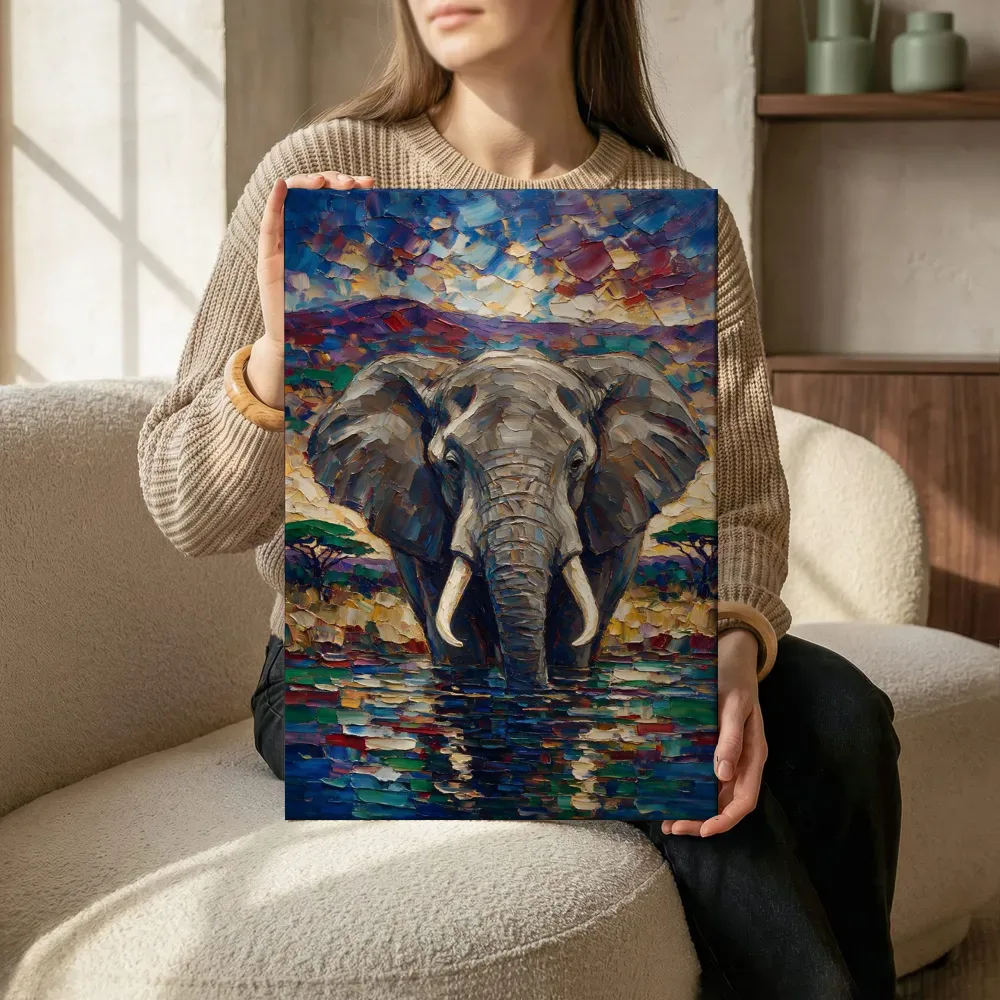 Sfeerimpressie: Olifant portret aan het water in diep petrol naast de kast