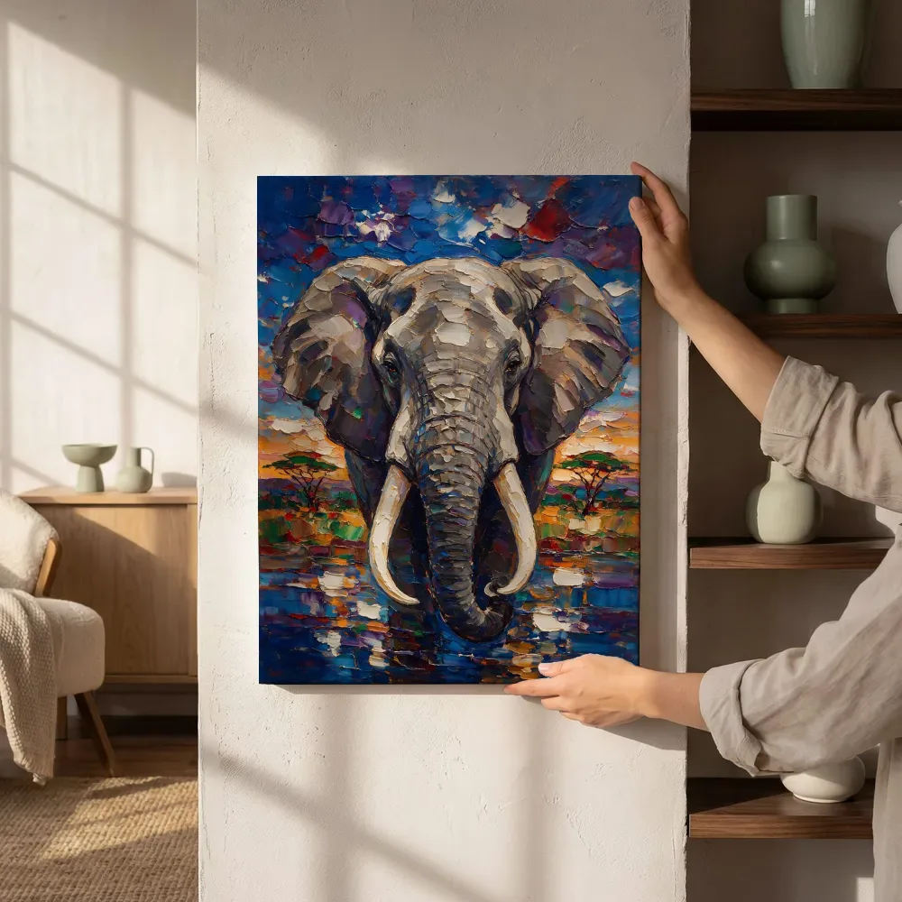 Sfeerimpressie: Olifant portret aan het water in kobalt naast de kast