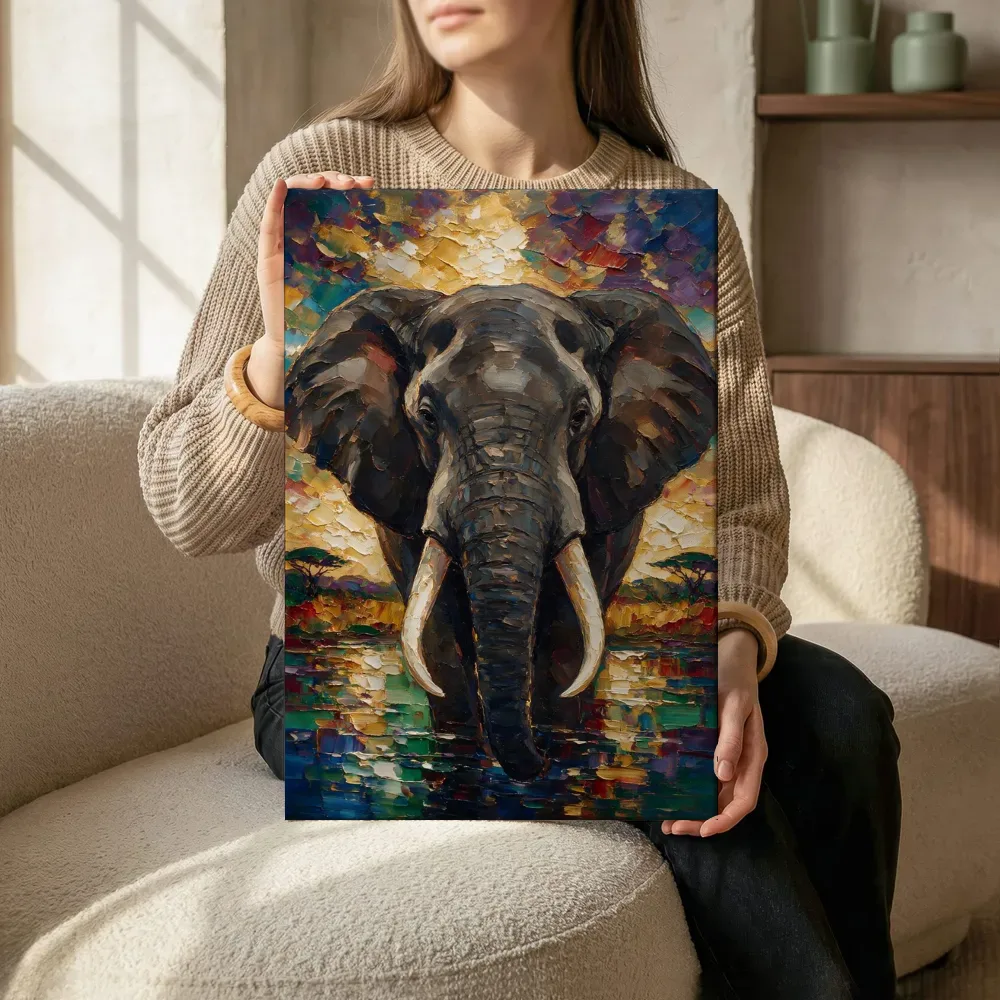 Sfeerimpressie: Olifant portret aan het water in warm petrol terwijl het zittend wordt getoond