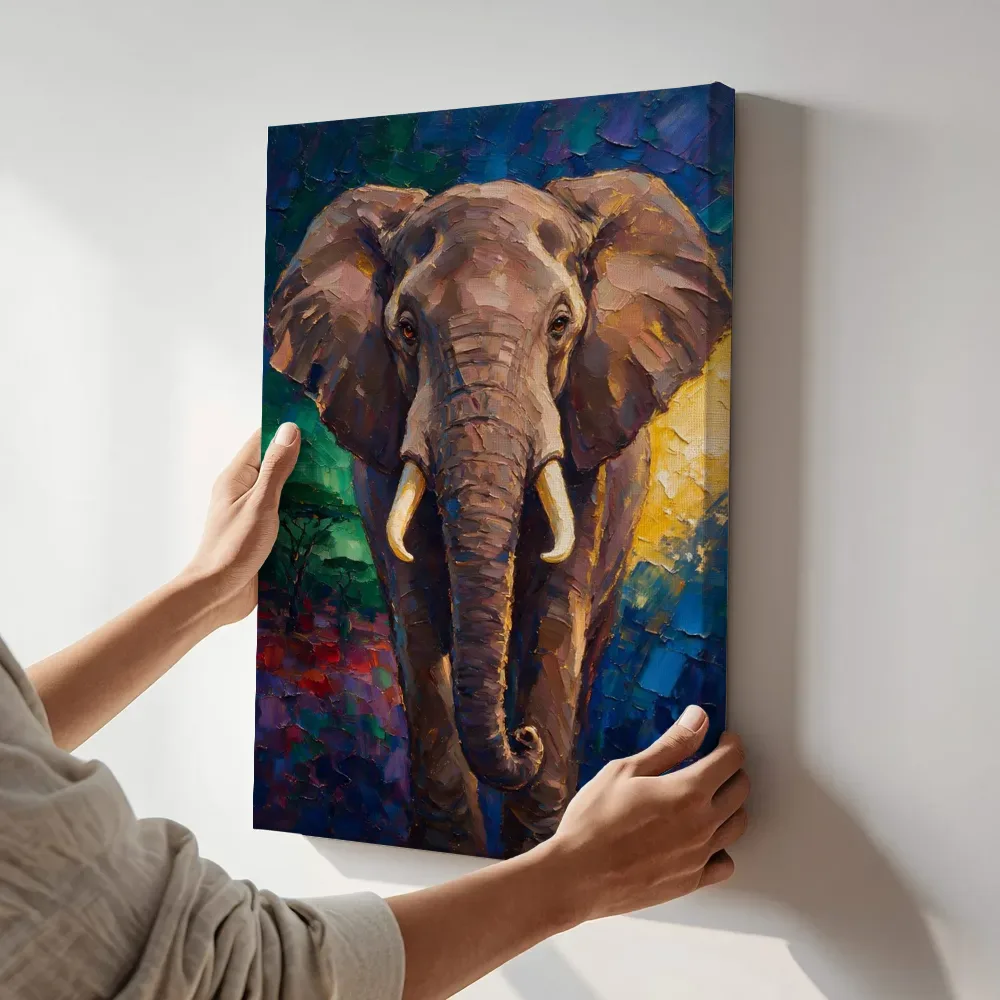 Sfeerimpressie: Olifant portret tegen een muur in de schaduw terwijl het aan de muur wordt gehangen