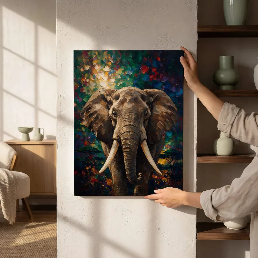 Sfeerimpressie: Olifant portret tegen een muur diep in de schaduw naast de kast