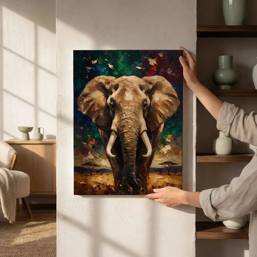 Sfeerimpressie: Olifant portret tegen een muur donker in de schaduw naast de kast