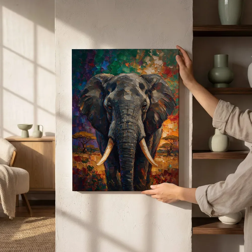 Sfeerimpressie: Olifant portret tegen een muur warm in de schaduw terwijl het aan de muur wordt gehangen