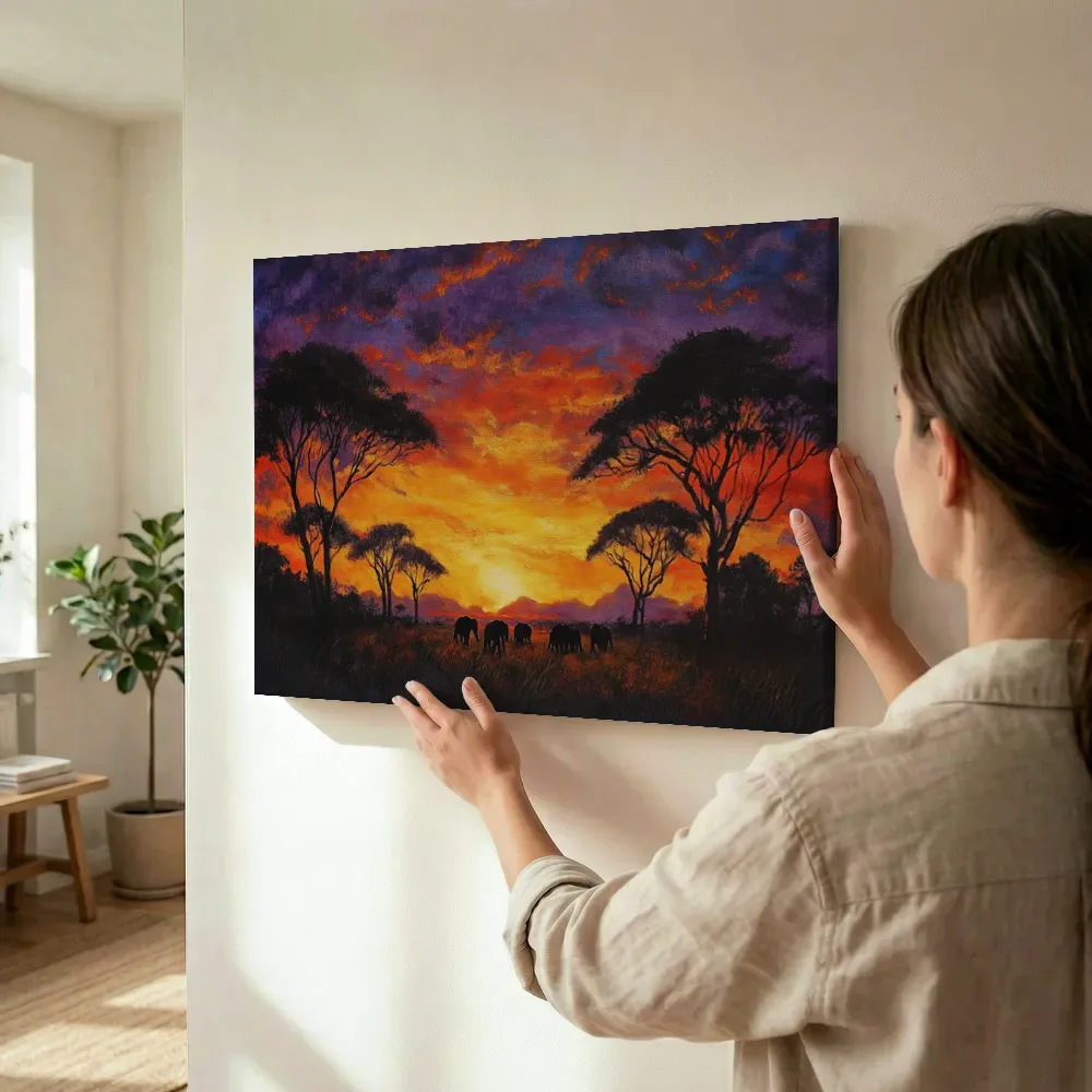 Sfeerimpressie: Olifantenkudde bij zonsondergang terwijl het wordt opgehangen