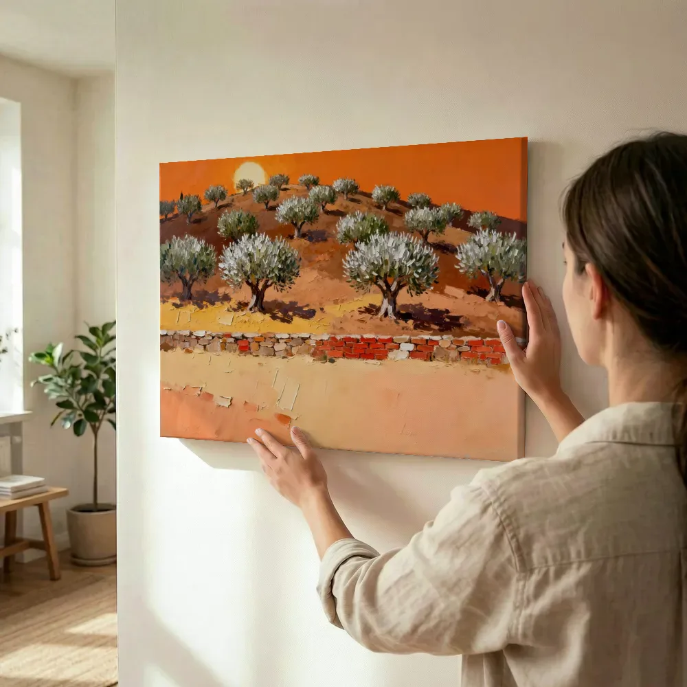 Sfeerimpressie: Olijfbomen in terracotta terwijl het wordt opgehangen